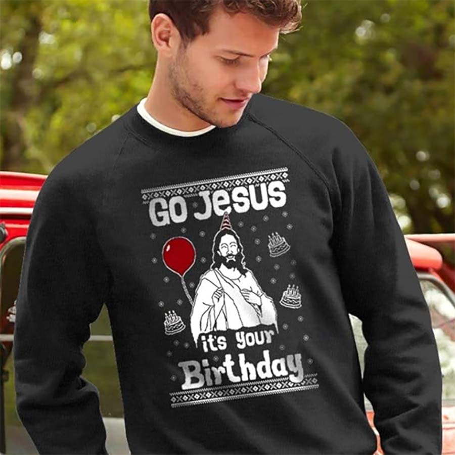 Weihnachtspulli: „Go Jesus, It’s your birthday“